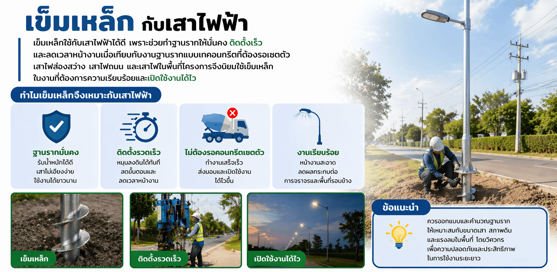 เข็มเหล็กกับเสาไฟฟ้า เลือกใช้อย่างไรให้ฐานรากมั่นคงและติดตั้งได้เร็ว