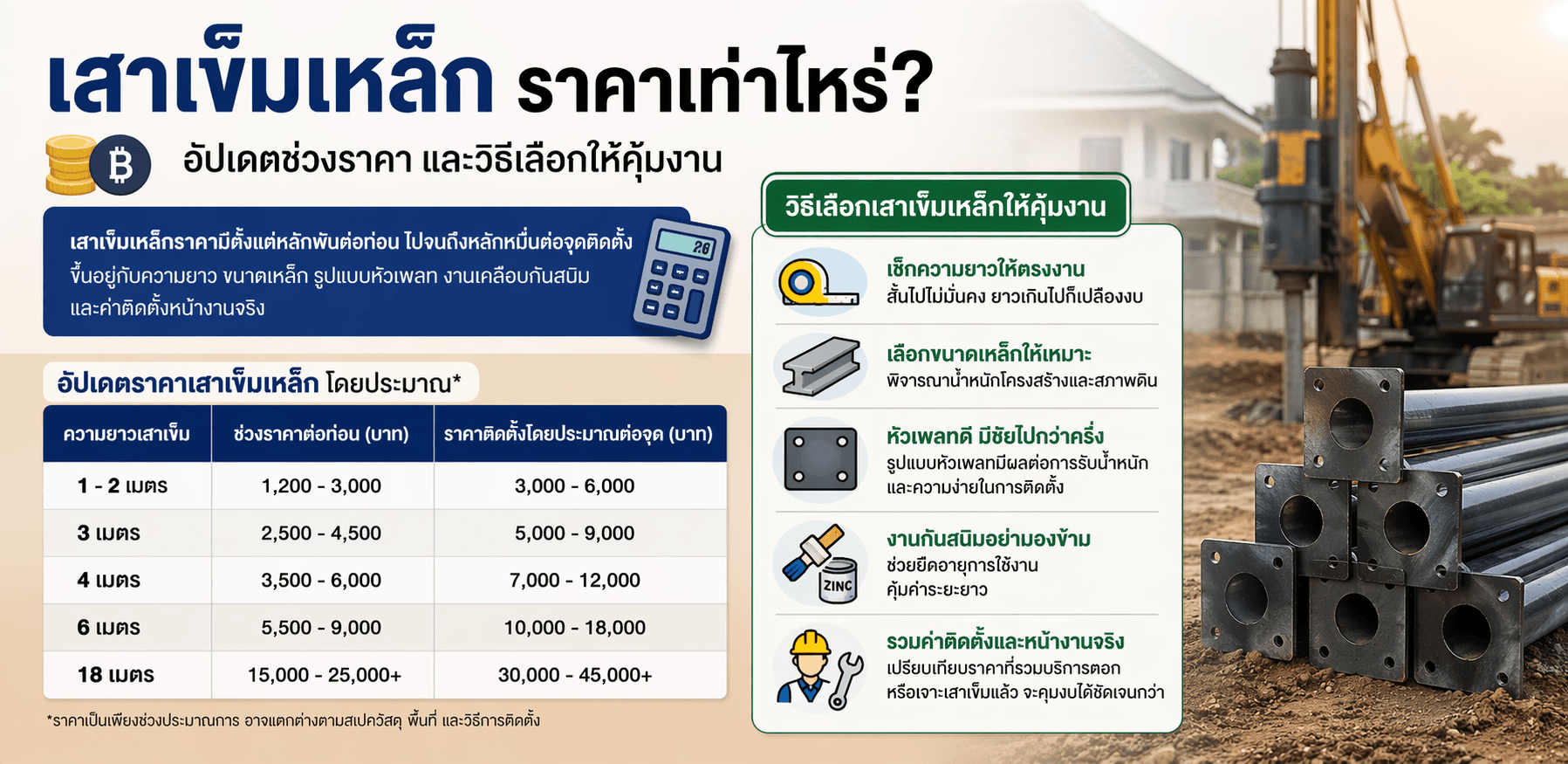 เสาเข็มเหล็ก ราคาเท่าไหร่ อัปเดตช่วงราคาและวิธีเลือกให้คุ้มงาน