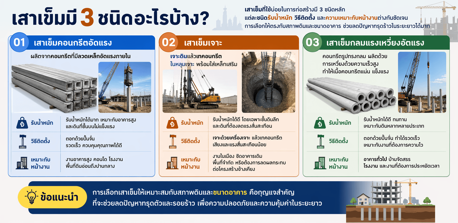 เสาเข็มมี 3 ชนิดอะไรบ้าง เลือกแบบไหนให้เหมาะกับงานก่อสร้าง